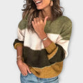 Elisa - Olivgrün-cremes kuscheliger Pullover mit Colour-Block