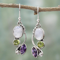 Pendientes vintage de cristal y piedra lunar púrpura y verde en plata