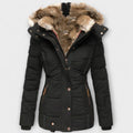 Tiana - Schwarze elegante Damenjacke mit Fellkapuze