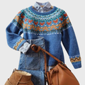Velve | Blauer Vintage-Pullover mit Norweger-Muster